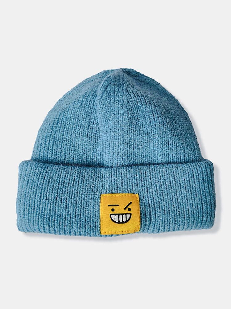 Unisex Knitted Solid Color Cartoon Funny Smile Face Pattern Patch Fashion Warmth Brimless Beanie Hat