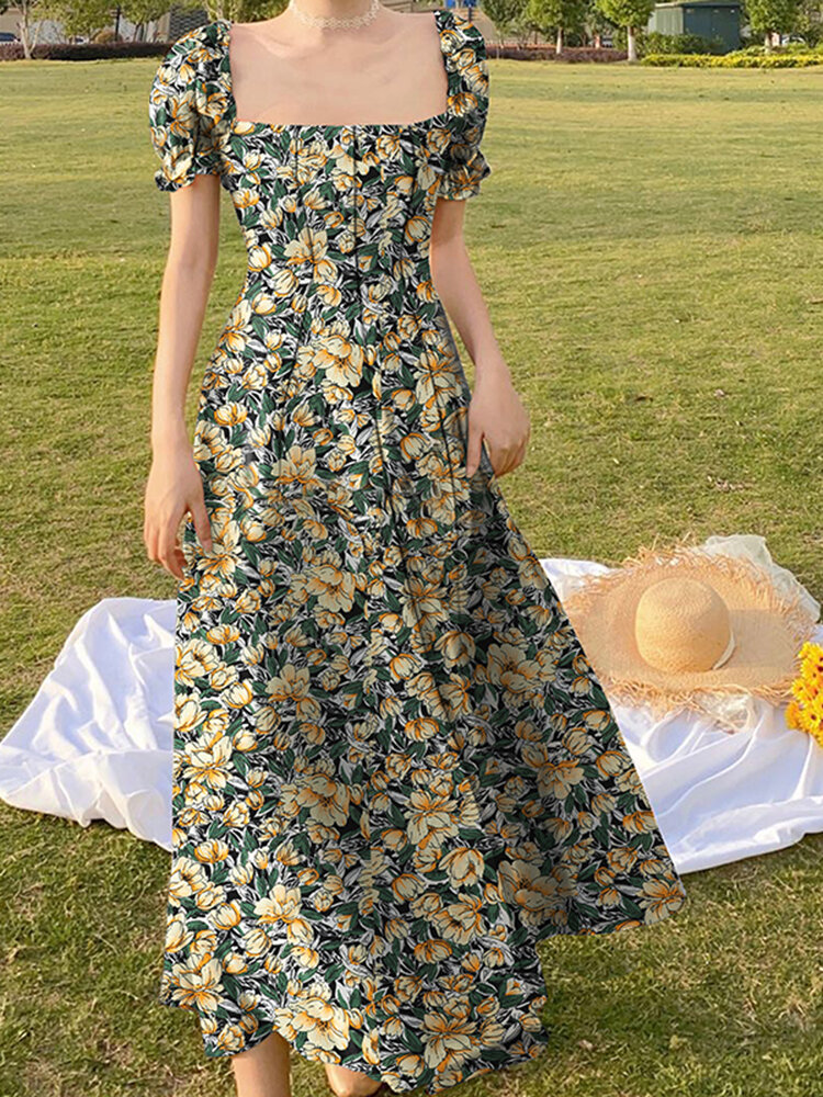 Random Allover Floral Print Puff Sleeve Square Collar Maxi Dress