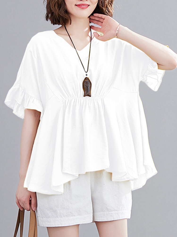 Ruffle Sleeve Crew Neck Solid A-line Casual Blouse