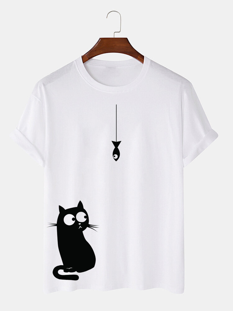 Mens 100% Cotton Cartoon Cat Printed Casual Short Sleeve T-shirts