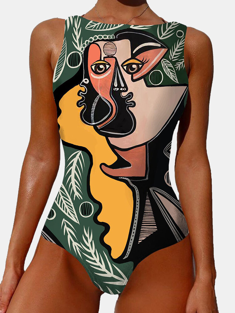 Women One Piece Graffiti Abstract Print Patchwork High Neck Sleeveless Slimming Swimsuit