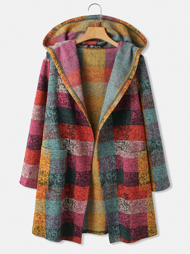 Casaco de lã vintage com estampa xadrez multicolorida e bolso feminino