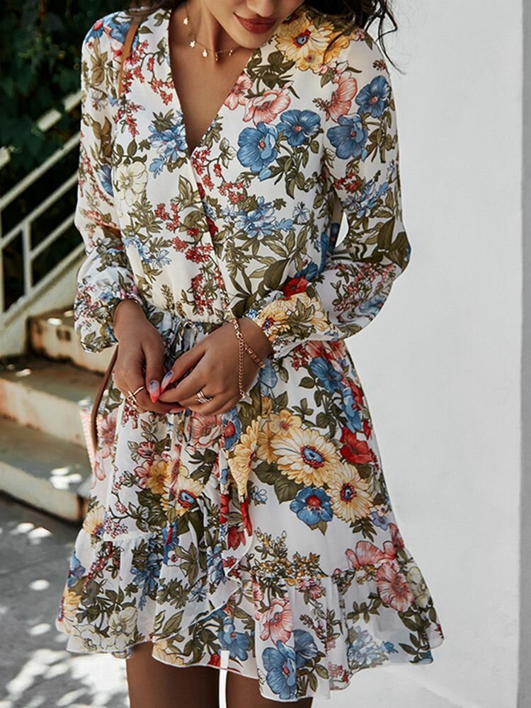 Flower Print Long Sleeve V-neck Chiffon Dress For Women