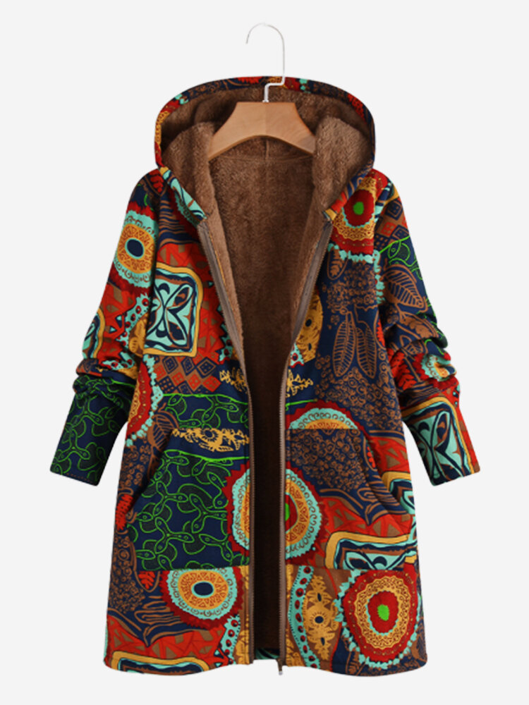 Thick Ethnic Print Long Sleeve Hooded Vintage Coat For Women