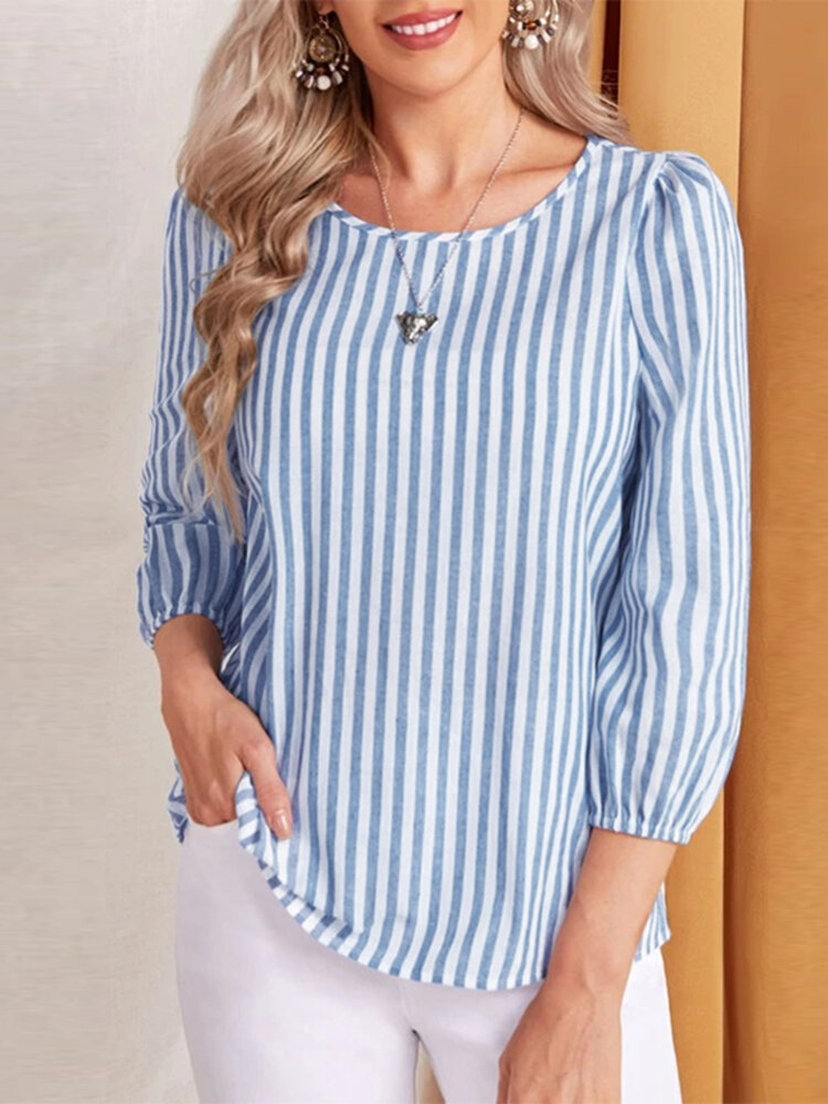 Women Striped Crew Neck Casual Puff Sleeve Blouse