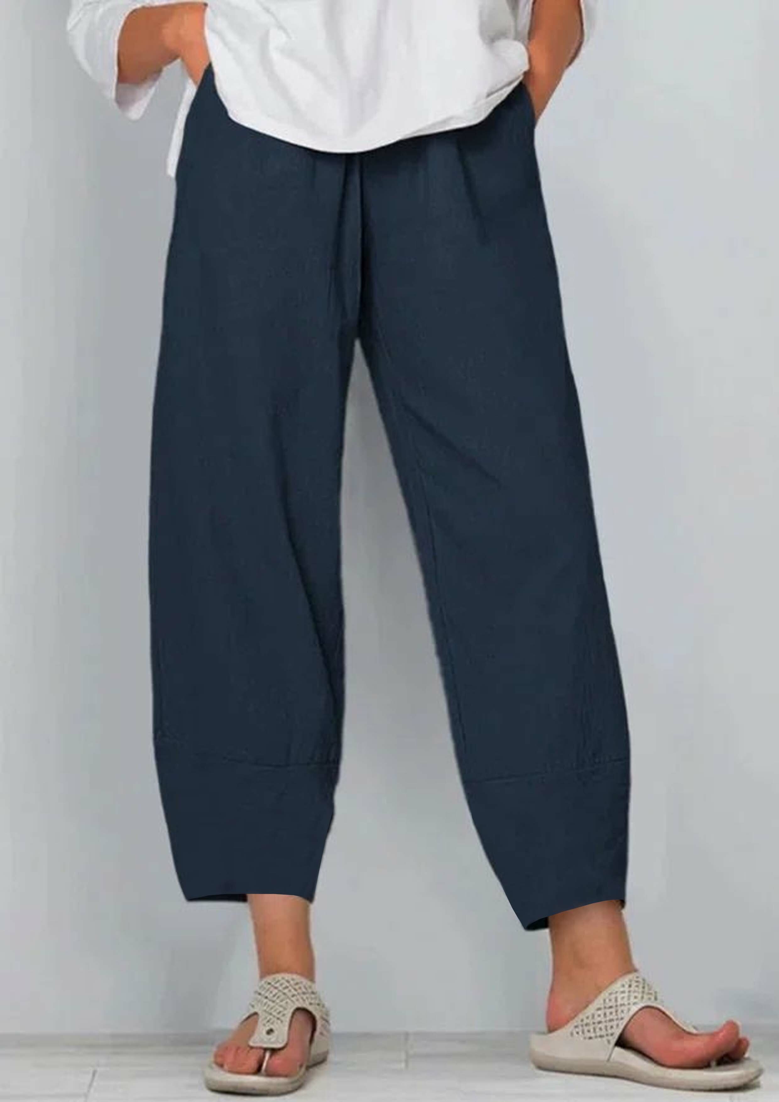 

Women Solid Seam Detail Cuff Cotton Casual Cropped Pants, Navy