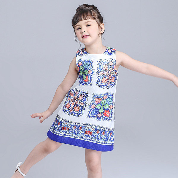 

Blue And White Porcelain Print Sleeveless Dress For Kids Girls