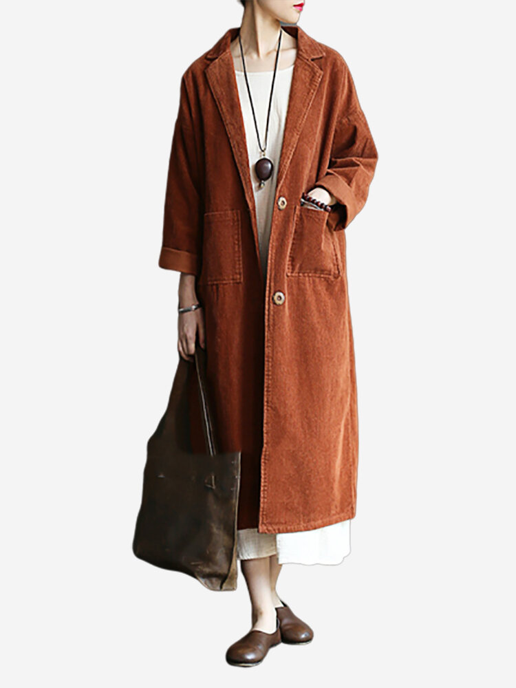 Lapel Solid Color Long Sleeve Corduroy Vintage Long Coat