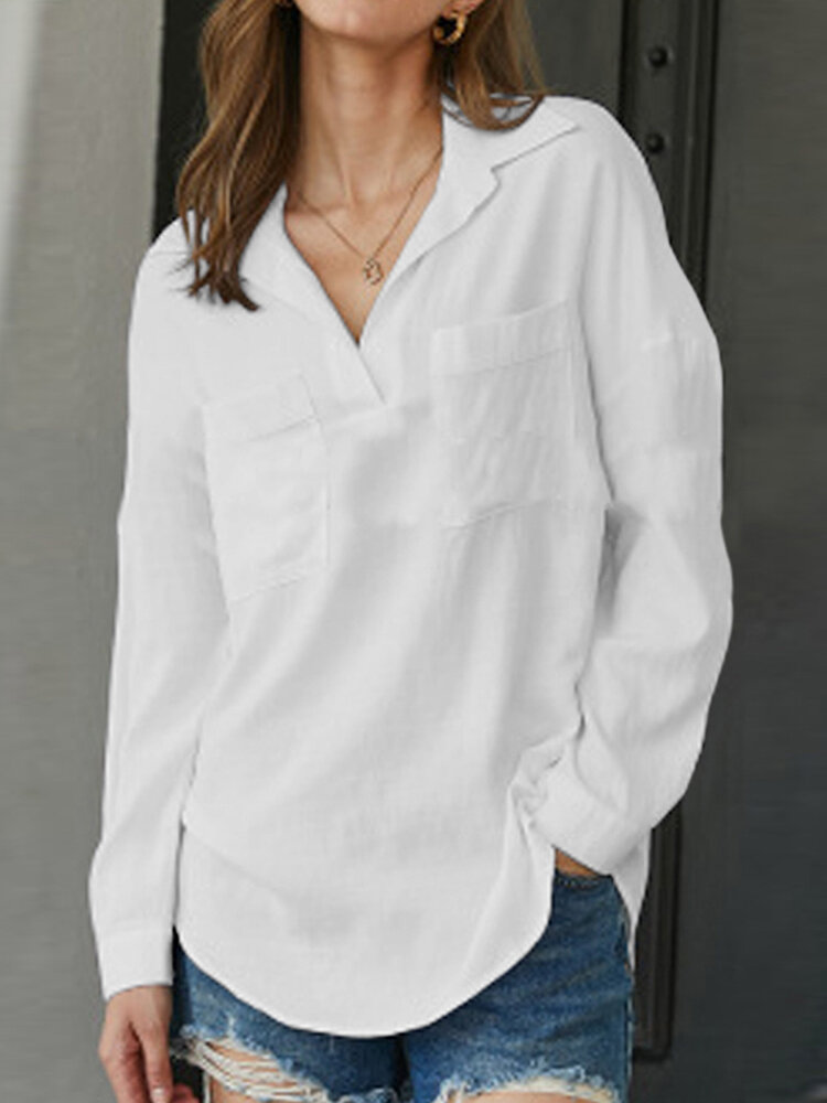 Однотонная блузка с карманом и лацканами с длинным рукавом для Женское