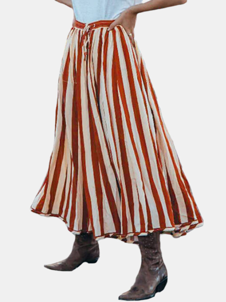 Striped A-line Drawstring Elastic Waist Plus Size Skirt