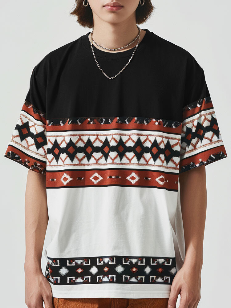 Camisetas masculinas étnicas geométricas Padrão com gola redonda e manga curta
