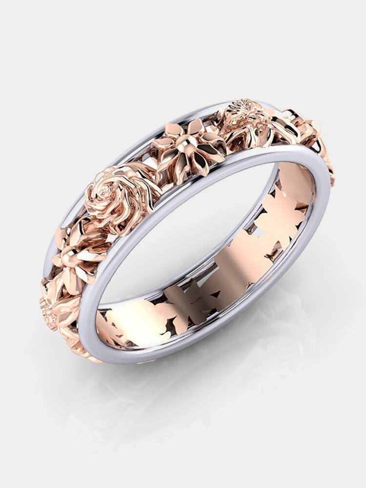 Sweet Rose Gold Flower Double Color Womens Finger Rings Engagement Wedding Jewelry for Women