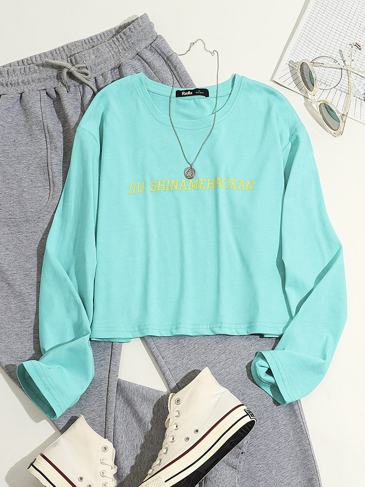 Slogan Graphic Long Sleeve Crew Neck Casual Loose T-shirt