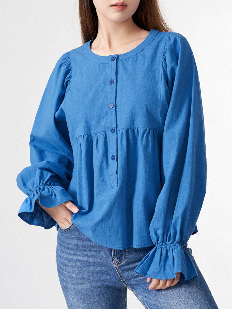 Solid Flounce Sleeve Button Front Crew Neck Blouse