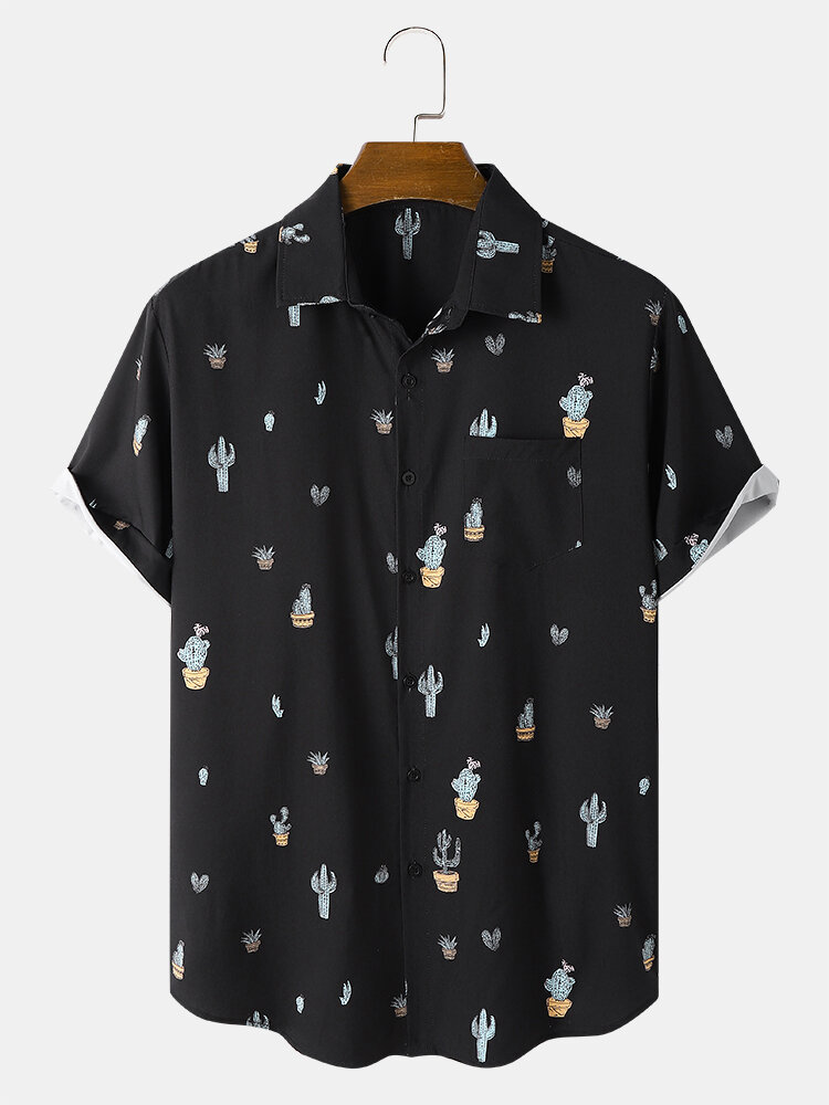 Mens Cactus Pattern Lapel Short Sleeve Black Shirt With Pocket