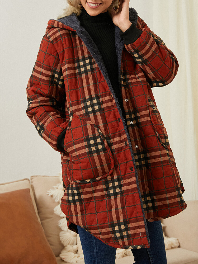 Check Plush Pocket Button Hooded Vintage Thicken Coat