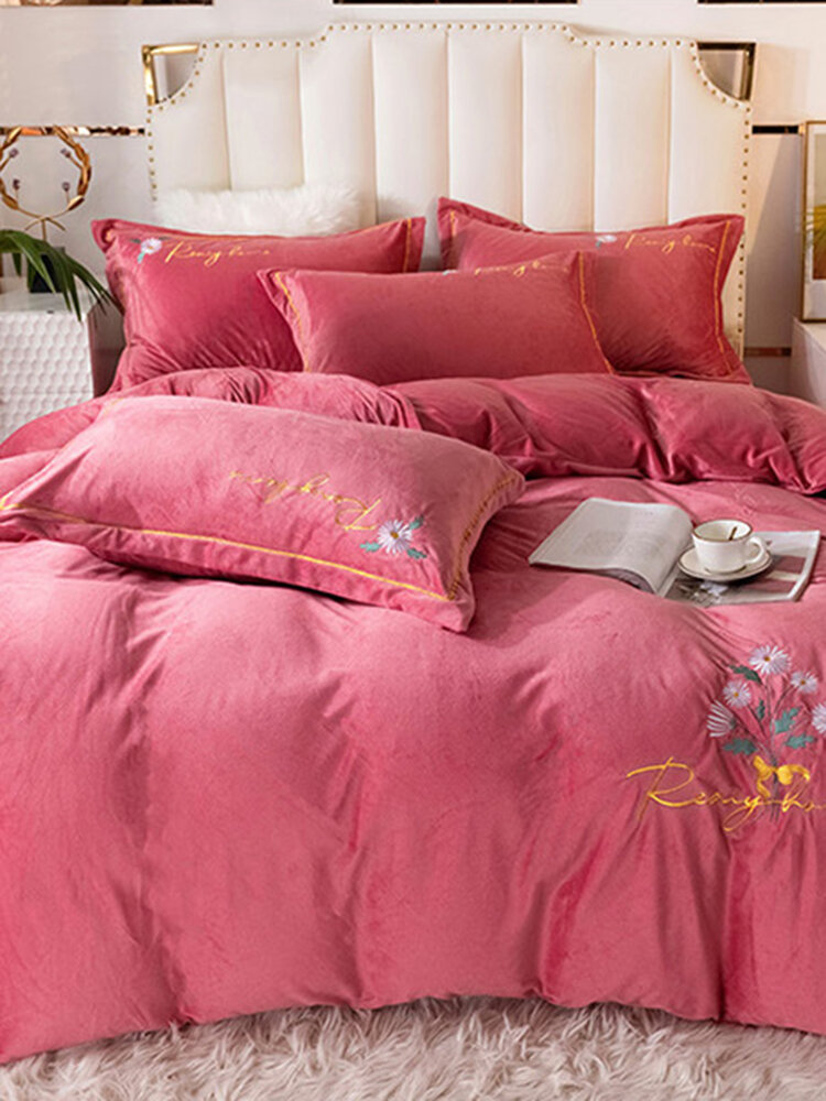 

4 Pcs Floral Overlay Print Plain Color Velvet Comfy Bedding Set Sheet Duvet Cover Pillowcase, Navy;red;green;red1;yellow;pink;lake blue;gray;purple