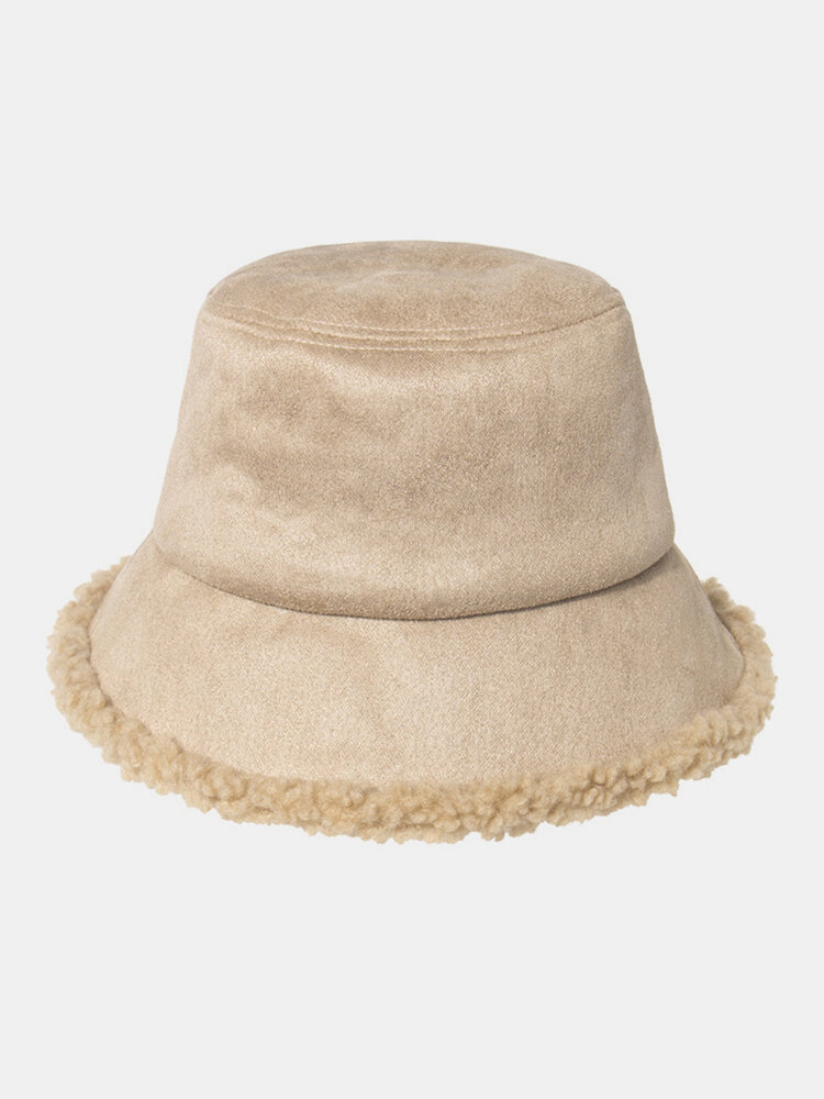 

Women & Men Lamb Fur Suede Plus Thicken Warm Windproof Soft All-match Bucket Hat, Black;white;brown;beige