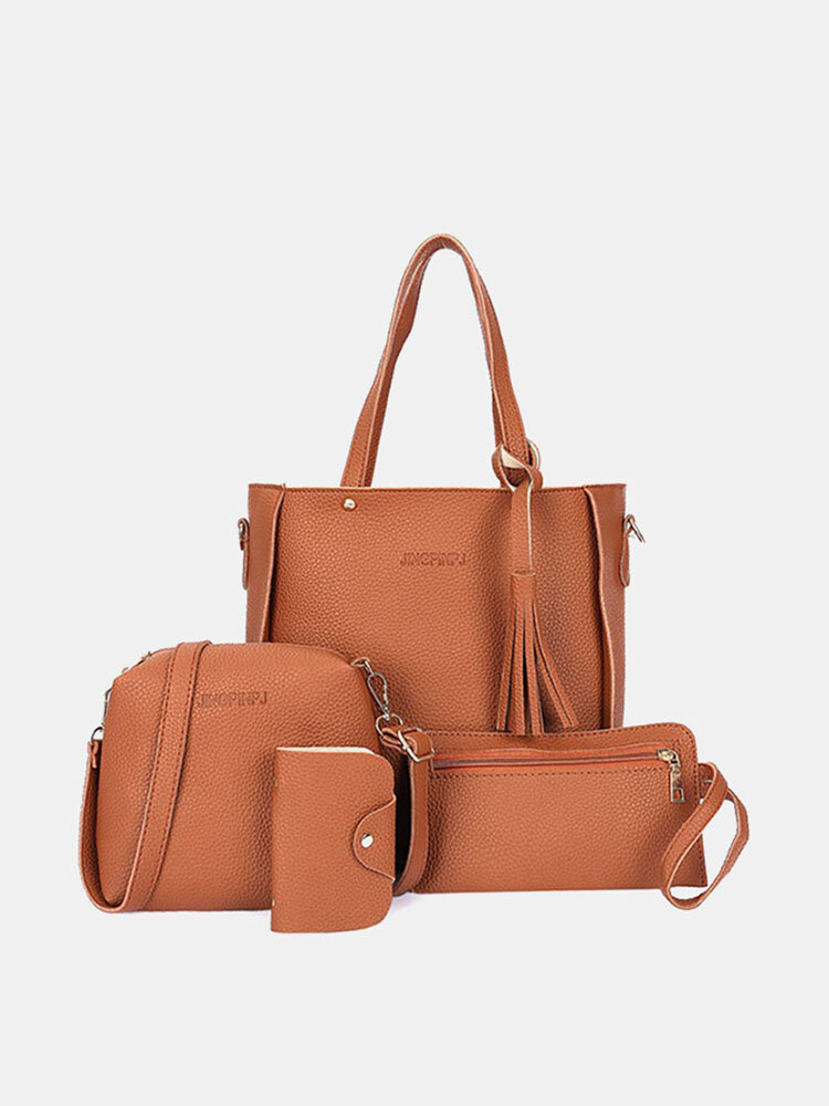 4 PCS Women PU Leather Handbag Tassel Leisure Crossbody Bag Solid Shoulder Bag