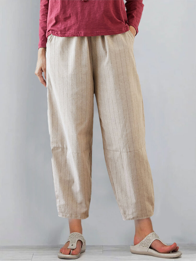 Striped Casual Pockets Elastic Waist Plus Size Pants
