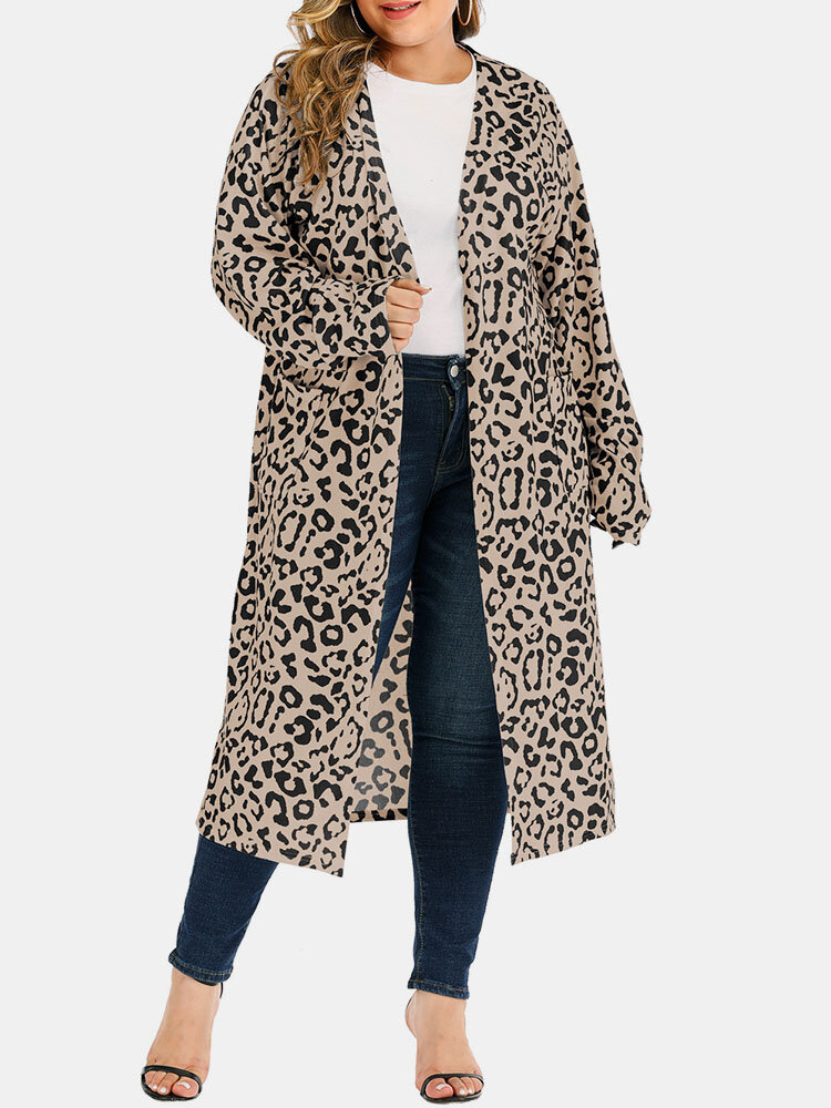 Plus Size Casual Leopard Print V-neck Loose Women Cardigan