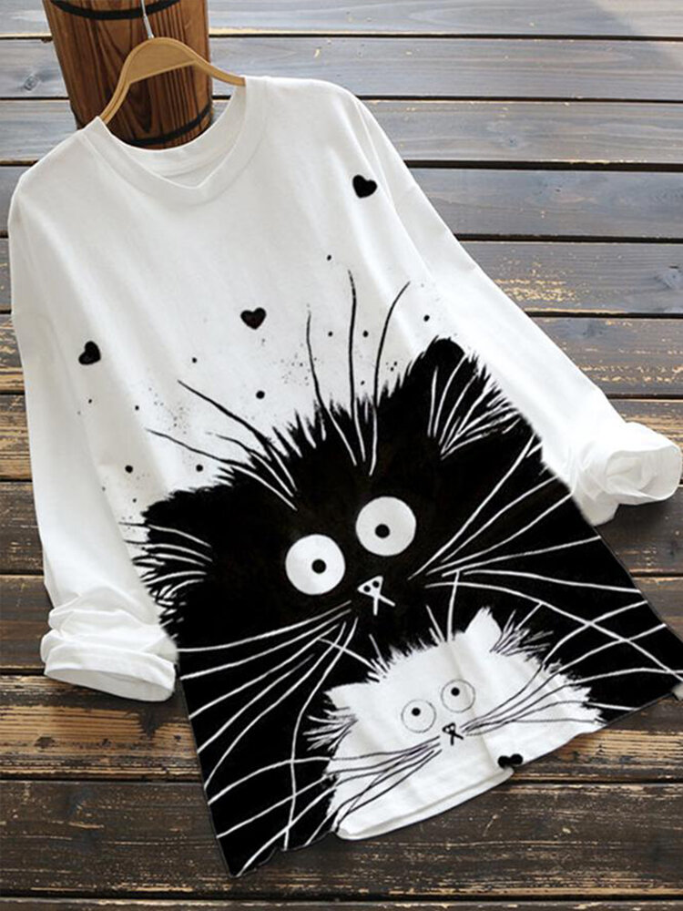 Cartoon Cats Print Long Sleeve Plus Size Blouse