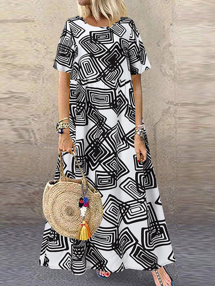 Kurzärmliger Rundhalsausschnitt mit Geomuster für Damen Kleid