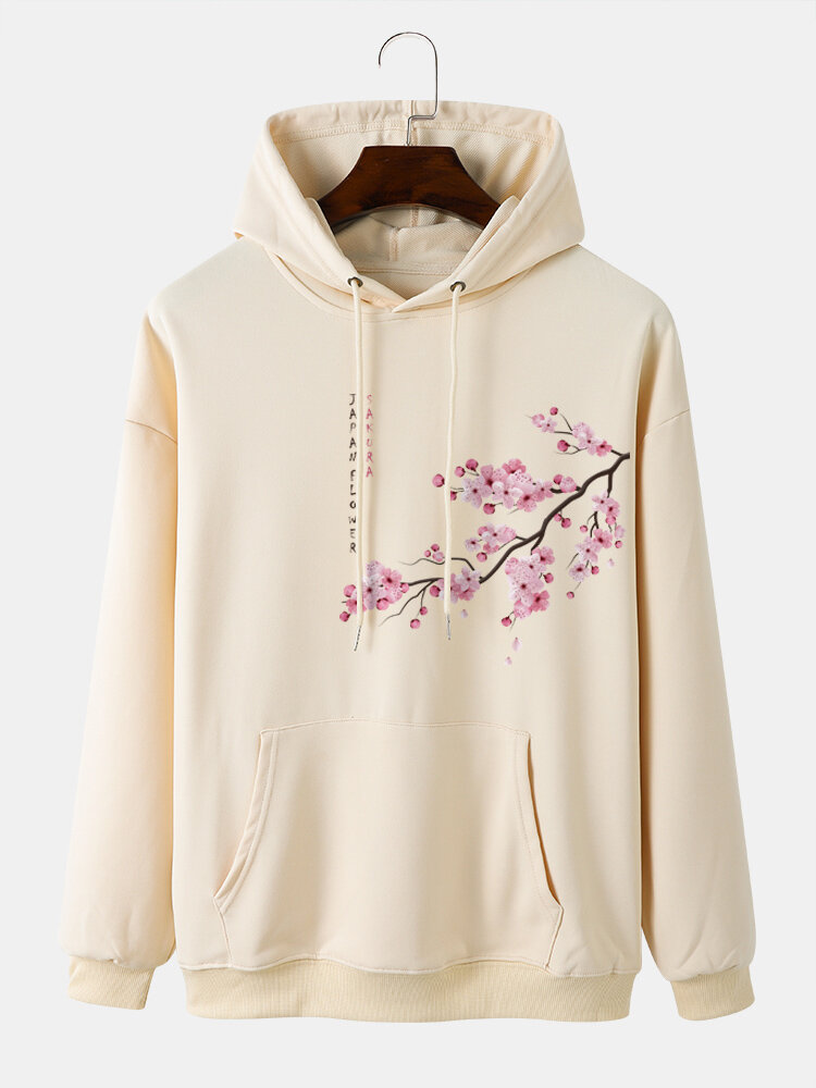 Mens Japanese Cherry Blossoms Print Kangaroo Pocket Casual Drawstring Hoodies