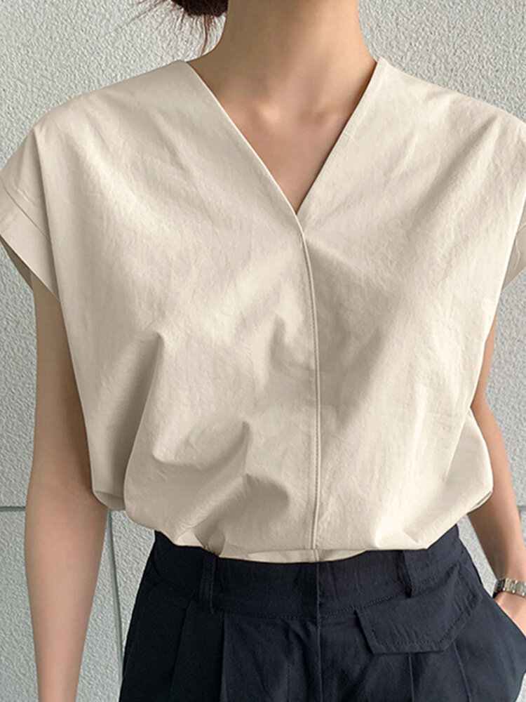 Solid V Шея Повседневная блуза с коротким рукавом
