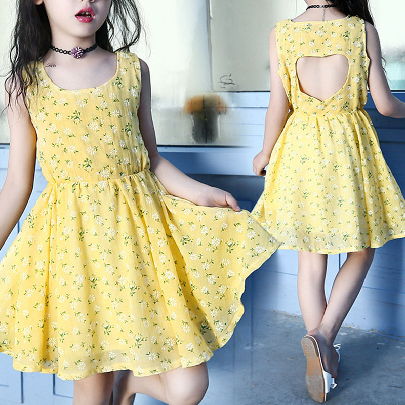 

Heart Back Hollow Girls Sleeveless Floral Beach Party Casual Dress For 4Y-15Y, Yellow;orange