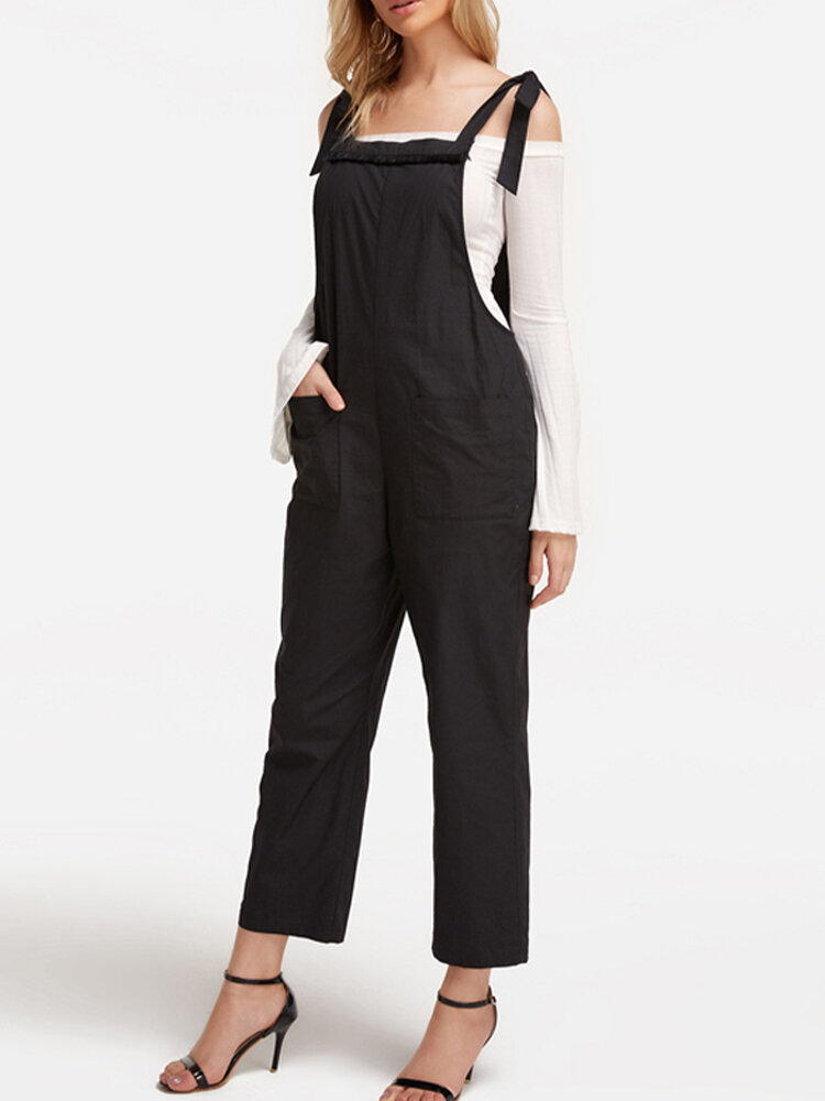 Solid Color Plain Pocket Bowknot Sleeveless Casual Jumpsuit for Women