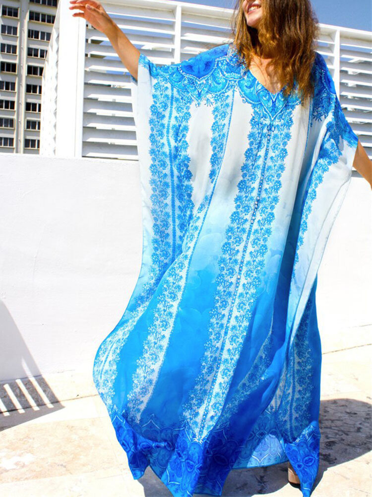 Frauen Ombre Print V-Ausschnitt Sonnenschutz Maxi Kleid Cover Up Badeanzug