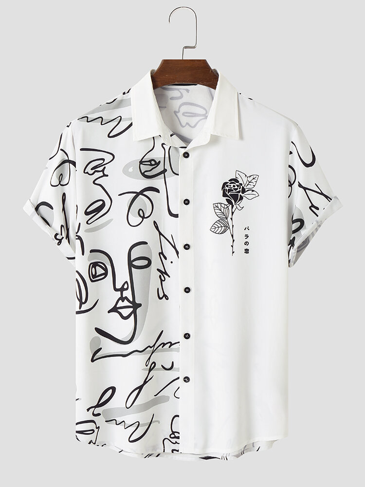 Mens Rose Abstract Face Print Button Up Short Sleeve Shirts