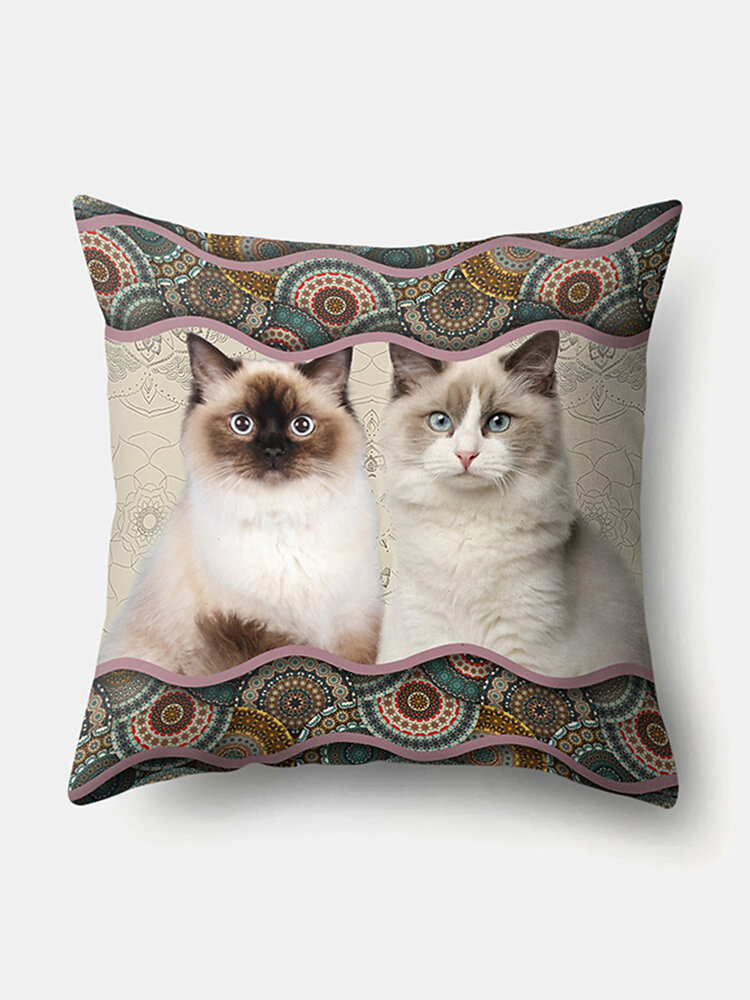 

Bohemian Style White Cats Pattern Linen Cushion Cover Home Sofa Art Decor Throw Pillowcase