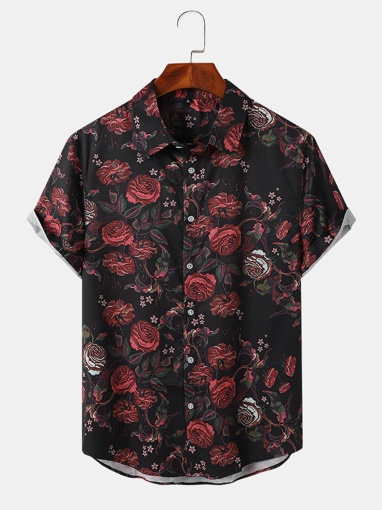 Men Retro Rose Short Sleeve Lapel Curved Hem Street Soft Breathable Shirts