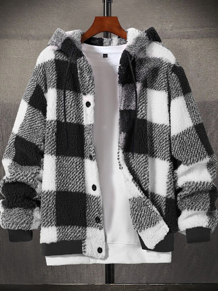 Mens Check Plaid Button Front Fleece Drawstring Hooded Jacket Winter