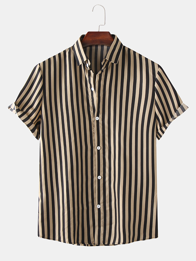 Mens Plain Stripe Turn Down Collar Casual Short Sleeve Shirts