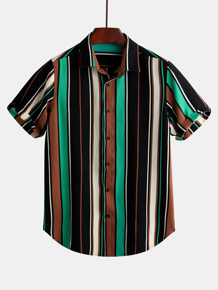 Mens Funny Multi Color Striped Turn Down Collar Short Sleeve Loose Shirts