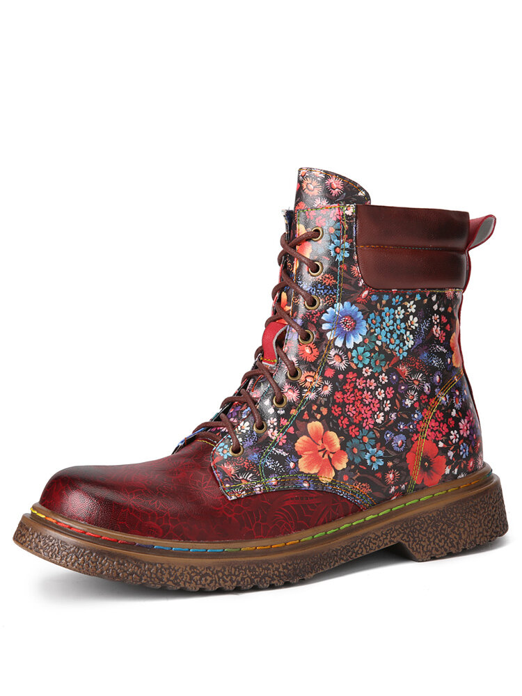 Socofy Casual Retro Colorful Floral Genuine Leather Side Zipper Comfy Combat Boots