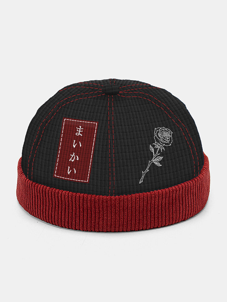 Unisex Corn Grid Polyester Cotton Corduroy Patchwork Rose Embroidery Japanese Color Contrast Patch Brimless Beanie Landl