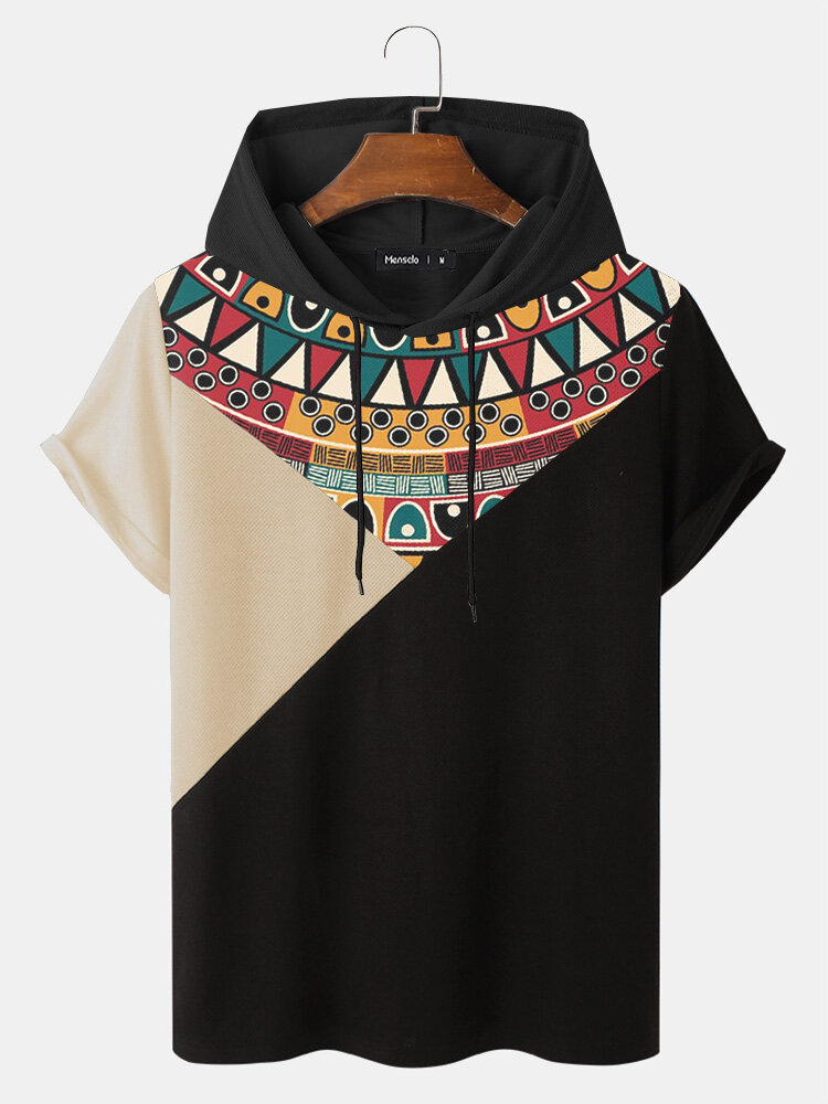 Mens Ethnic Pattern Color Block Patchwork Short Sleeve Hooded T-Shirts