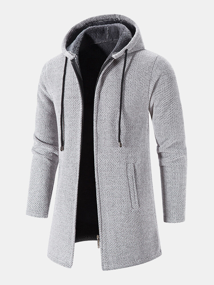 Mens Chenille Knitted Plush Lined Warm Drawstring Hooded Cardigans