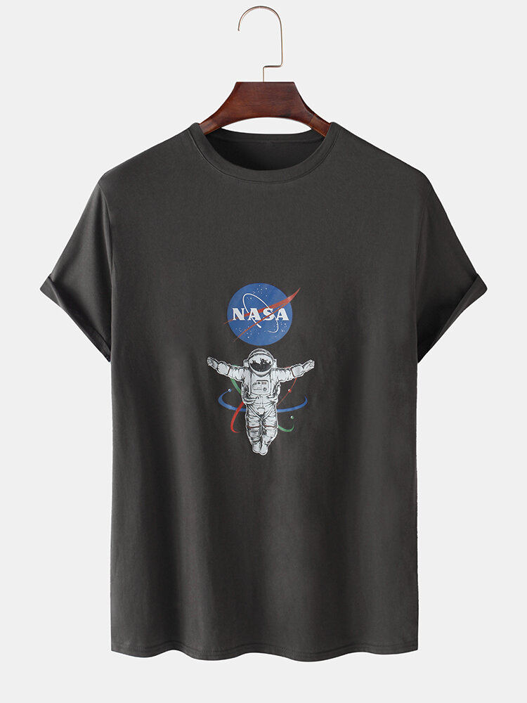 Mens Astronaut Chest Print Solid Color Loose Light O-Neck T-Shirts