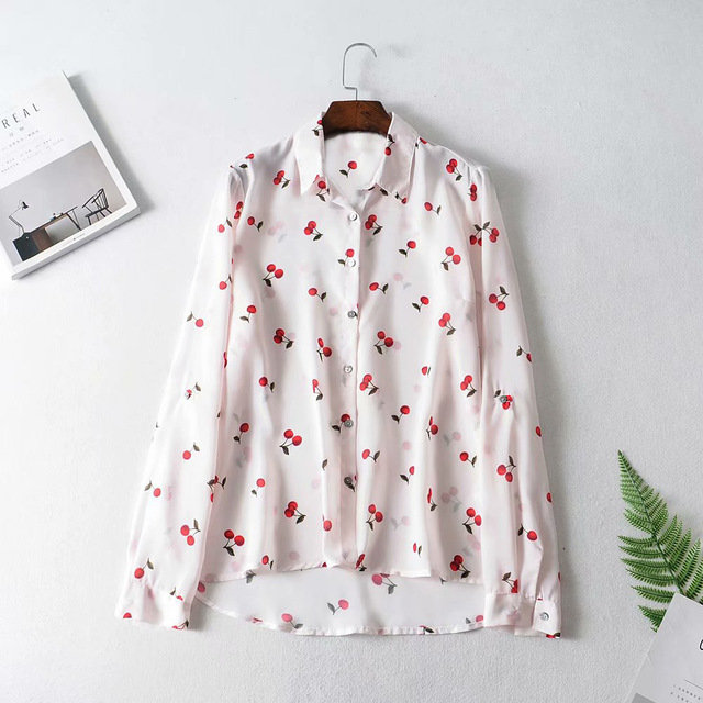 D1141-European Style Women's Season New Lapel Cherry Print Long-sleeved Shirt Women