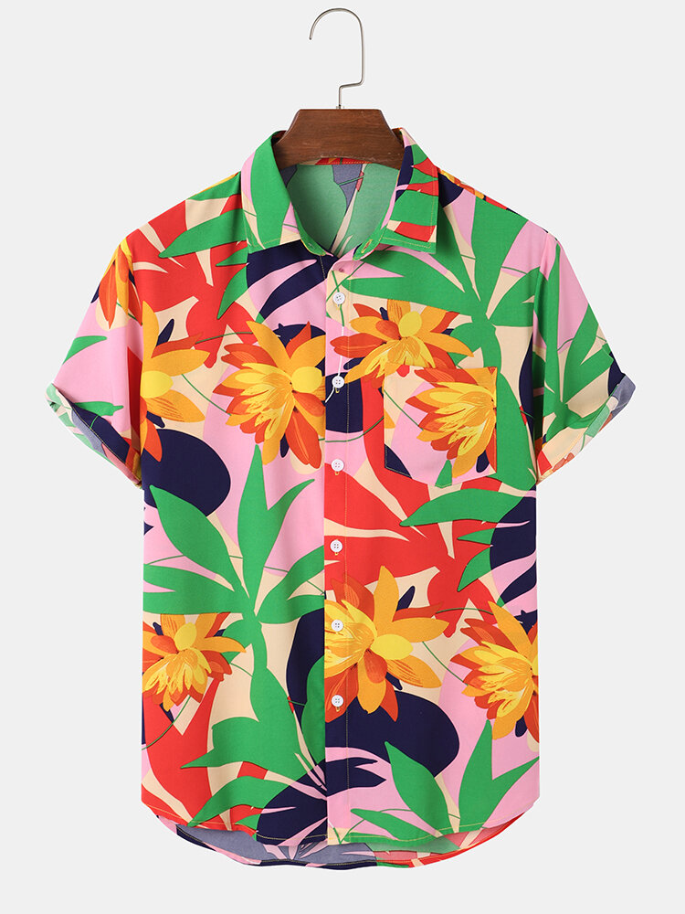 Mens Colorful Plant Print Button Front Holiday Short Sleeve Shirts