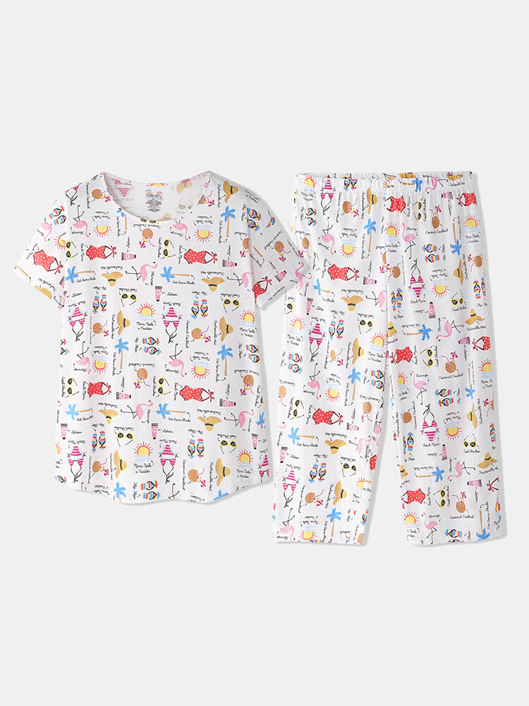 Plus Size Women Funny Cartoon Print Pajama Set Short Sleeve O-Neck Home Casual Sleepwear