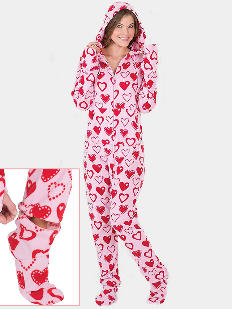 

Plus Size Hooded Footed Jumpsuits Pajamas Hearts Print Front Zipper Women Flush Sleepwear, Pink