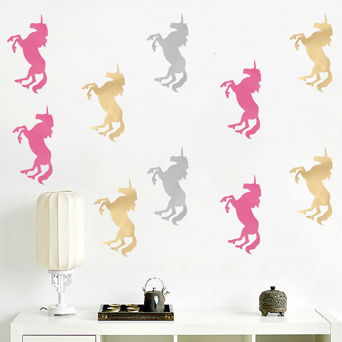 

10Pcs Unicorn Wall Stickers Bedroom Living Room Background Wall DecalsArt, Gold;pink
