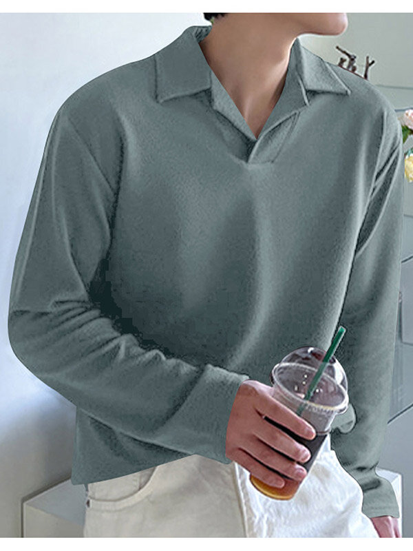 Mens Solid Texture Casual Long Sleeve Golf Shirt