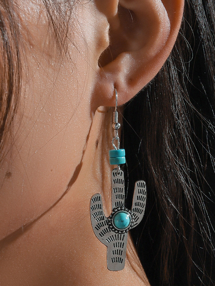 Vintage Carved Cactus Beaded Turquoise Alloy Earrings
